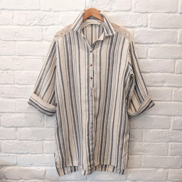 ZARA 100% Linen Shirt Dress L Blue White Striped Button Knee Length Kaftan Tunic - Picture 1 of 16